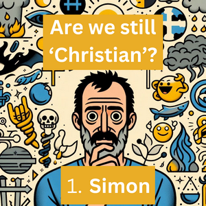 Image of perplexed man surrounded by religious symbols.